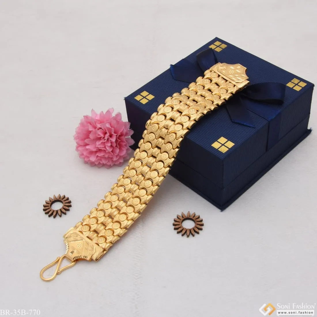 1 Gram Gold Forming 2 Line Antique Design Gold Plated Bahubali Bracelet - Style B770