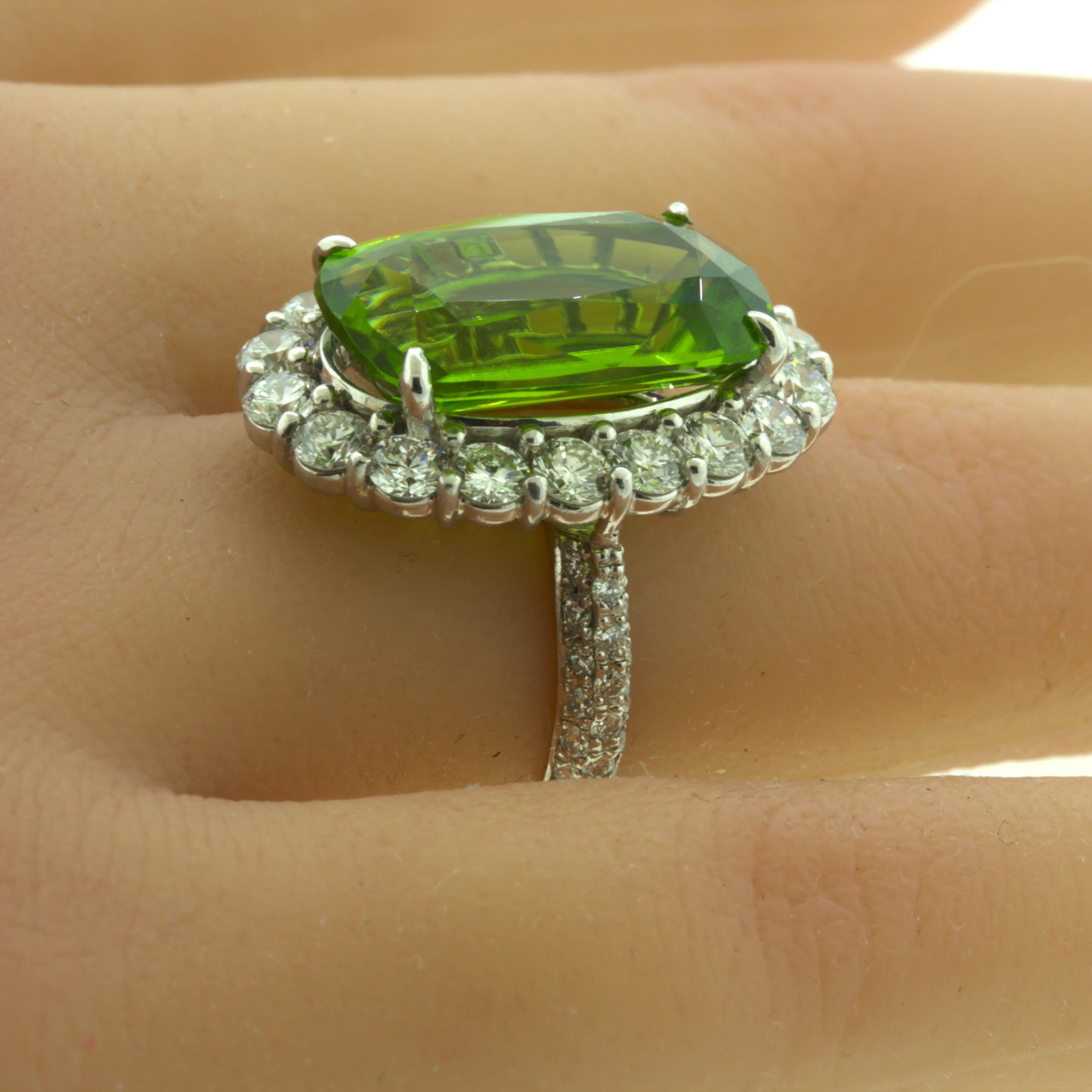 11.52 Carat Peridot Diamond Halo Platinum Ring