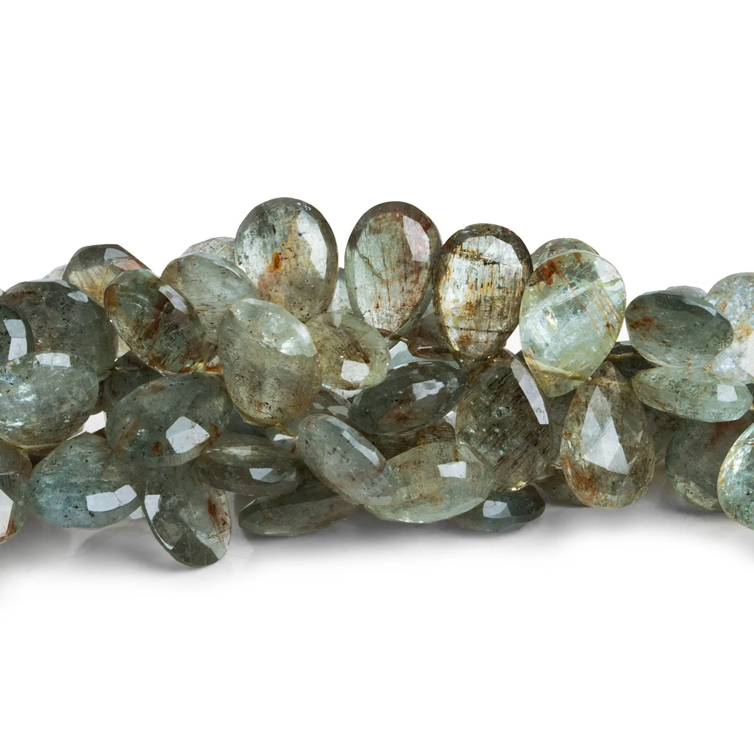 11x8mm Tourmalinated Moss Aquamarine Faceted Pears 8 inch 51 beads