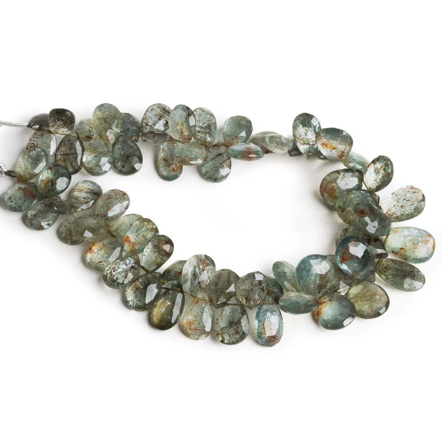 11x8mm Tourmalinated Moss Aquamarine Faceted Pears 8 inch 51 beads