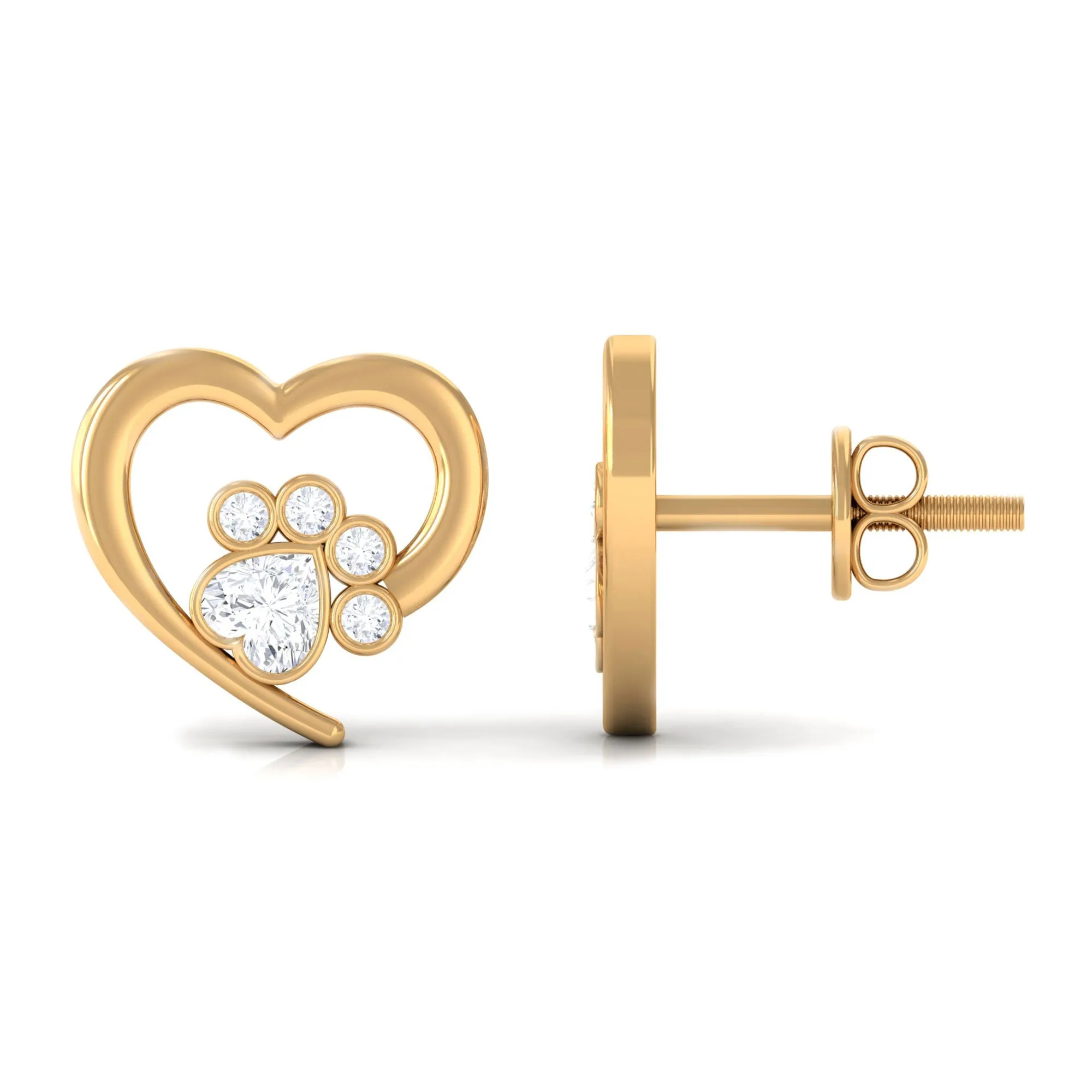 1/4 CT Bezel Set Zircon Cute Paw Stud Earrings with Gold Heart