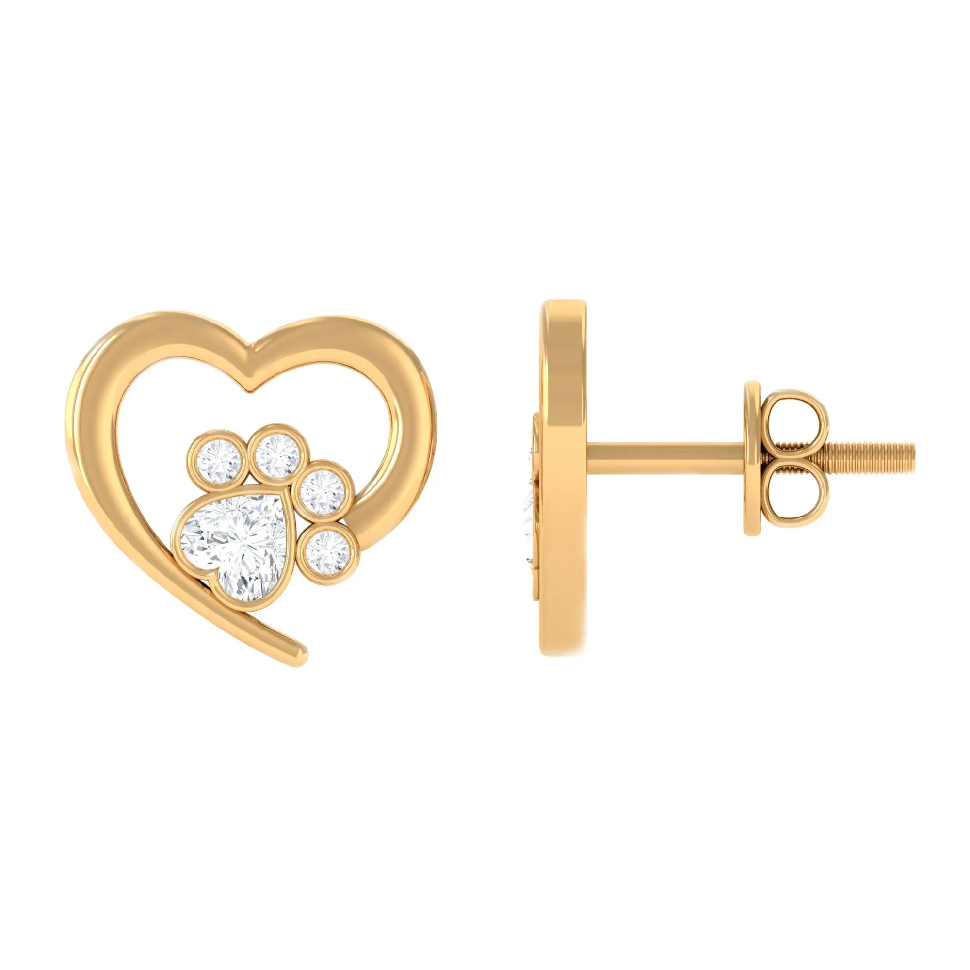 1/4 CT Bezel Set Zircon Cute Paw Stud Earrings with Gold Heart