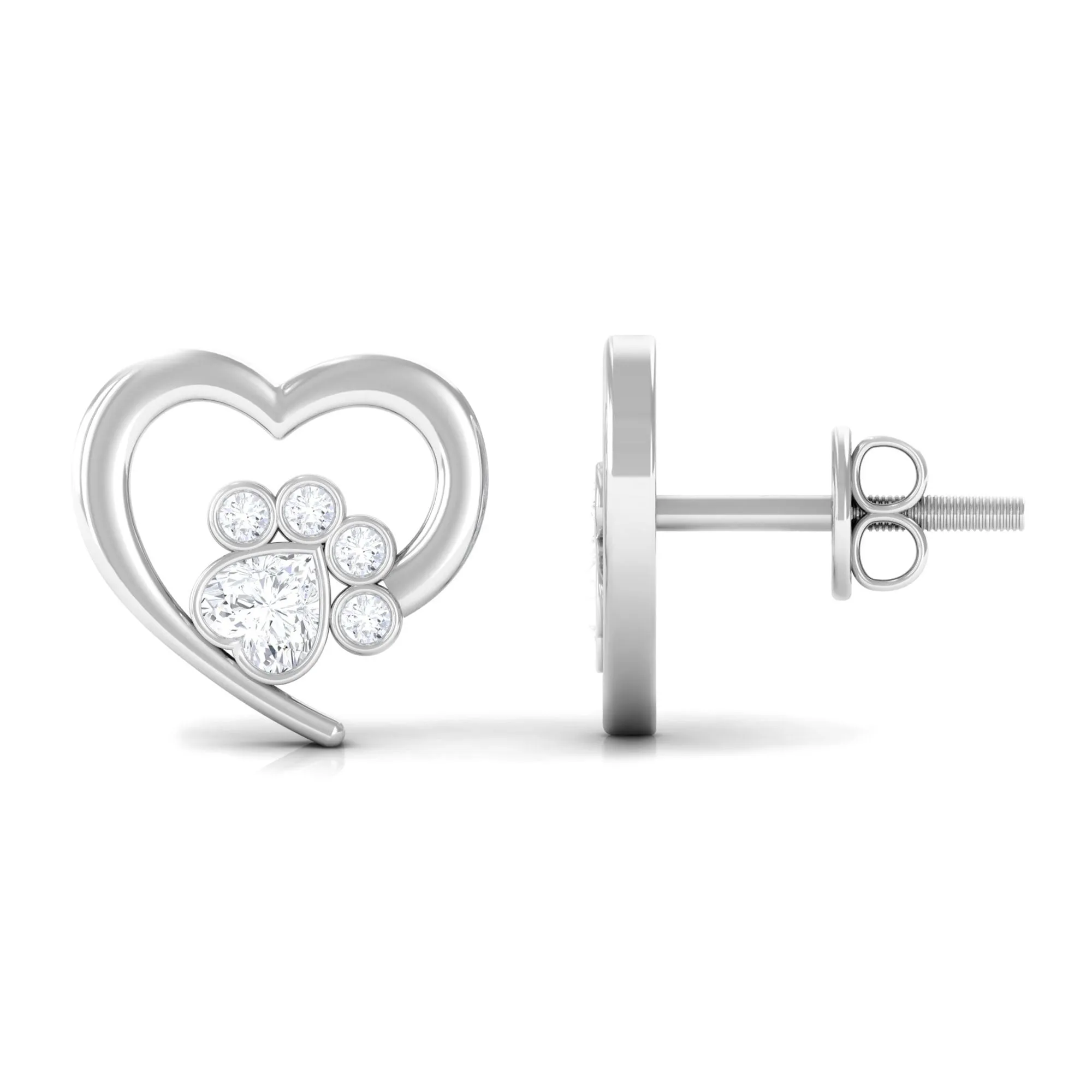 1/4 CT Bezel Set Zircon Cute Paw Stud Earrings with Gold Heart