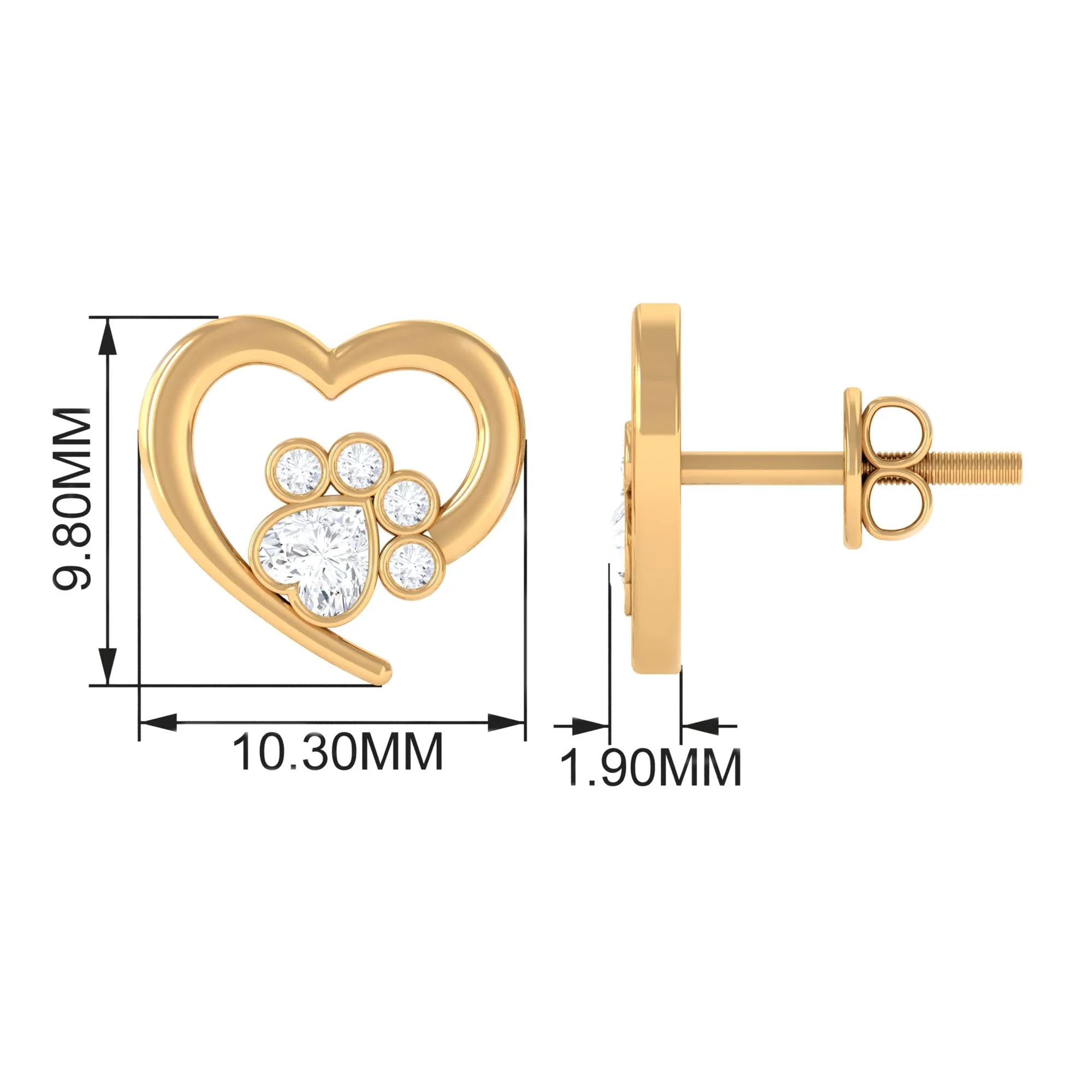 1/4 CT Bezel Set Zircon Cute Paw Stud Earrings with Gold Heart