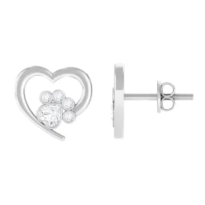 1/4 CT Bezel Set Zircon Cute Paw Stud Earrings with Gold Heart