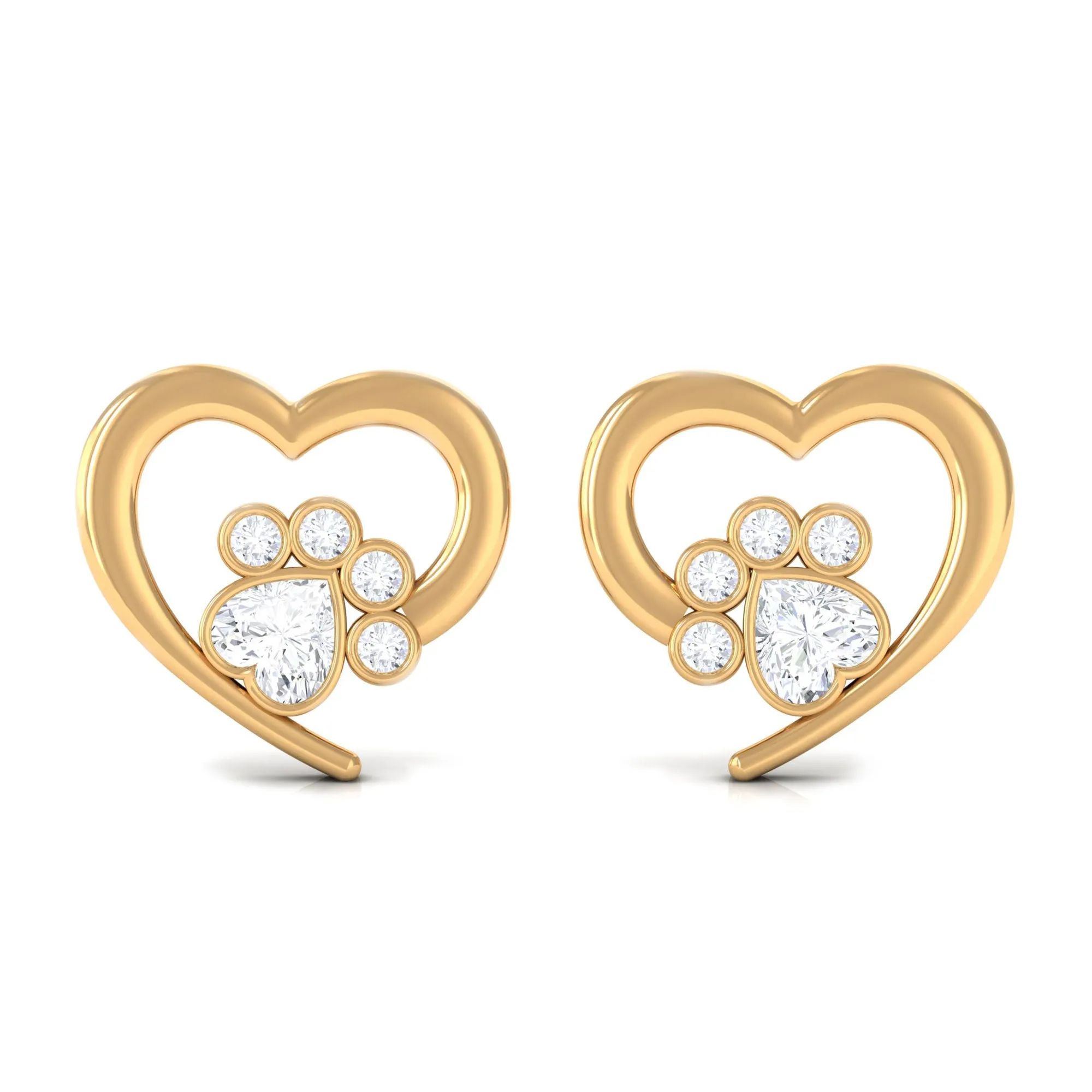 1/4 CT Bezel Set Zircon Cute Paw Stud Earrings with Gold Heart