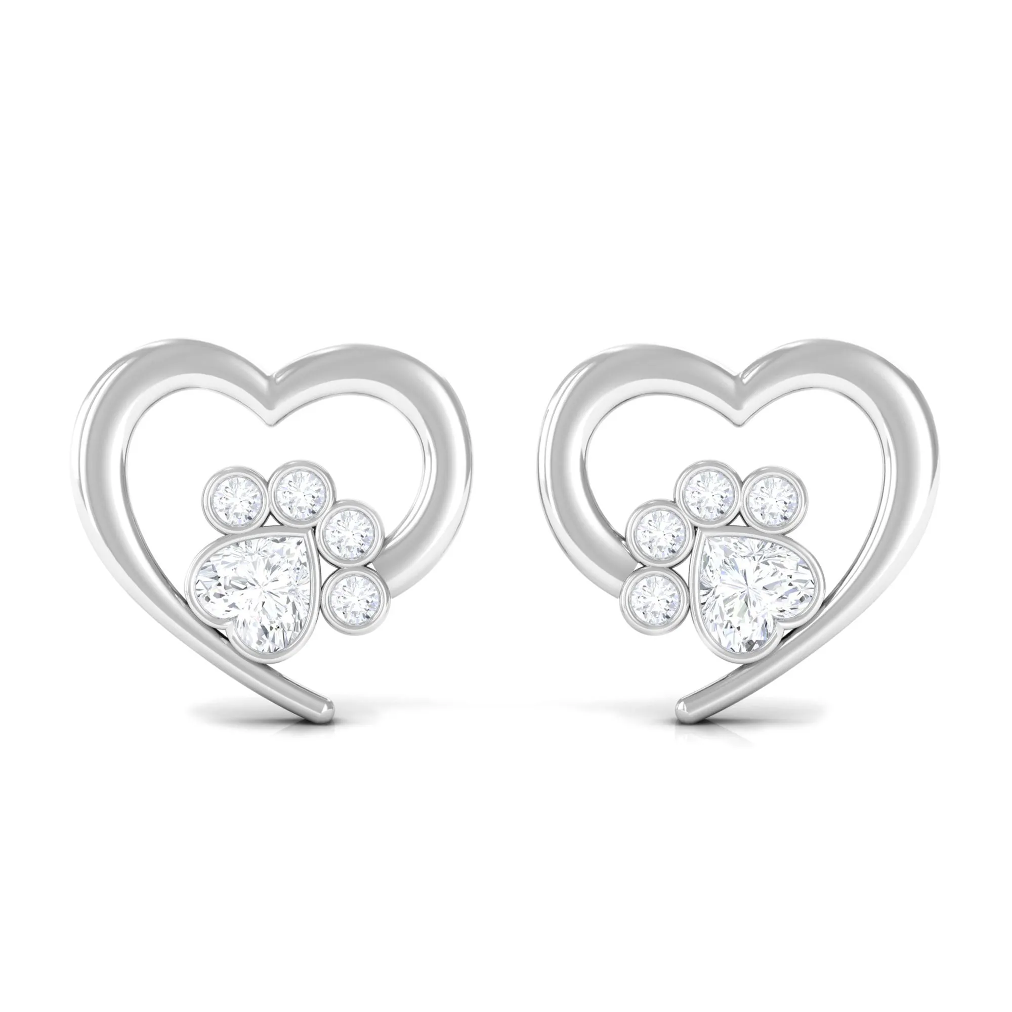 1/4 CT Bezel Set Zircon Cute Paw Stud Earrings with Gold Heart