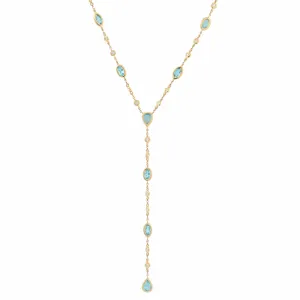 14K Gold Blue Topaz & Diamond Y Necklace