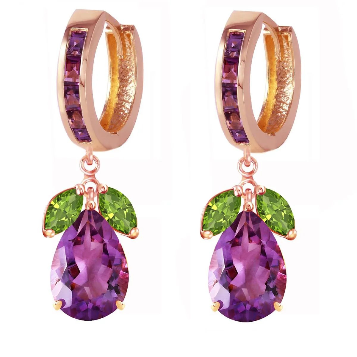 14K Solid Rose Gold Huggie Earrings w/ Peridots & Amethysts