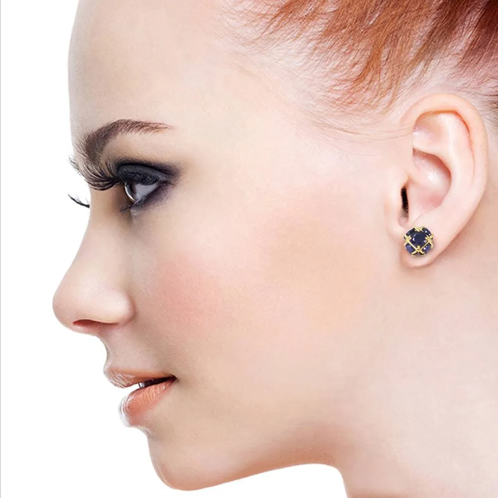 14K Solid Yellow Gold Stud Earrings w/ Natural Sapphires