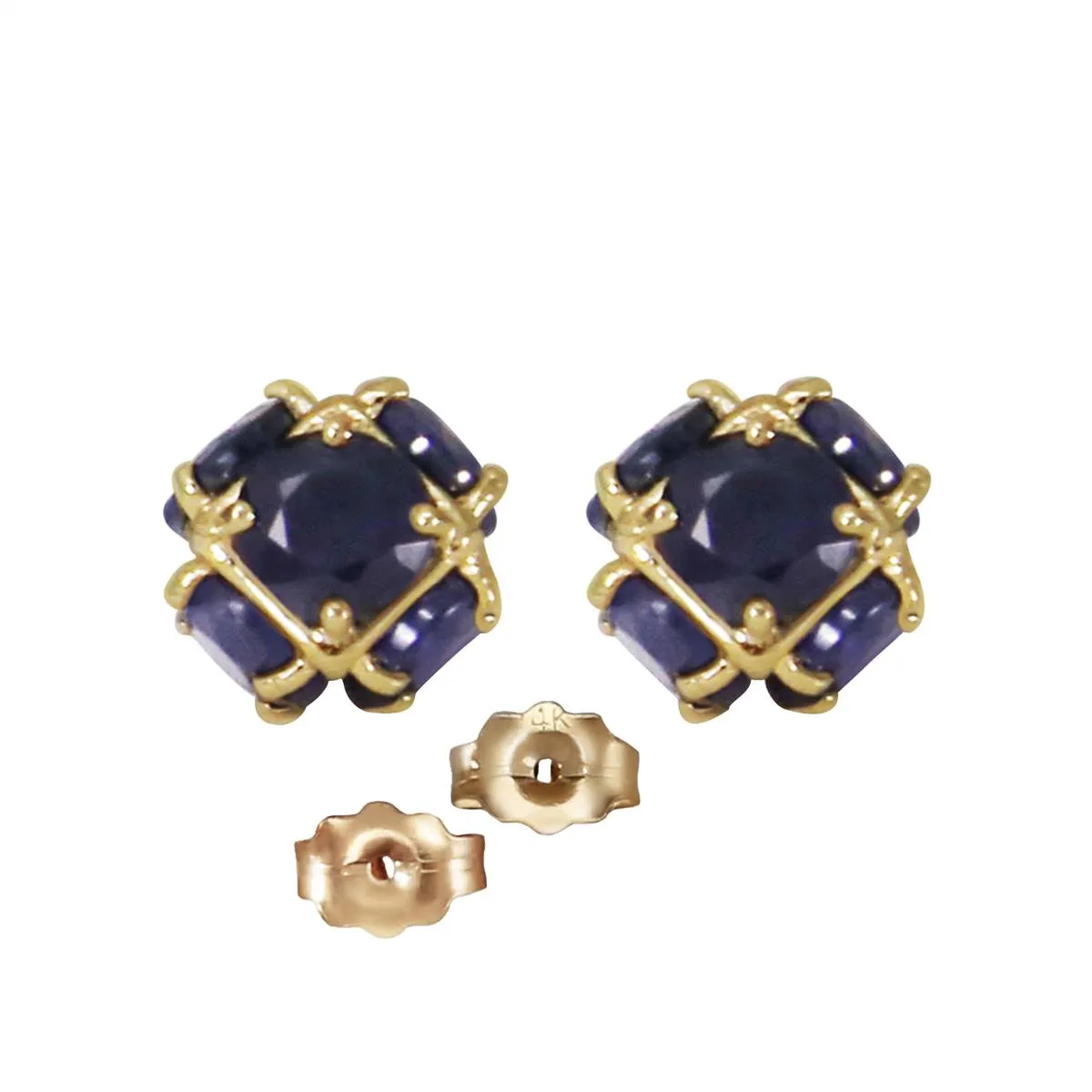 14K Solid Yellow Gold Stud Earrings w/ Natural Sapphires