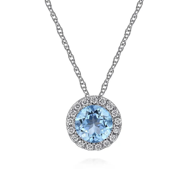 14K White Gold Blue Topaz and Diamond Halo Pendant Necklace