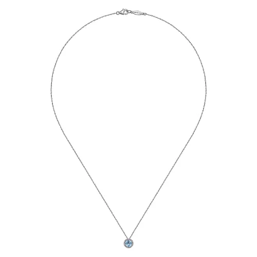 14K White Gold Blue Topaz and Diamond Halo Pendant Necklace