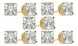 14k Yellow Gold 4mm 1Ct Cushion Cut White Sapphire Set Of Five Stud Earrings Plated