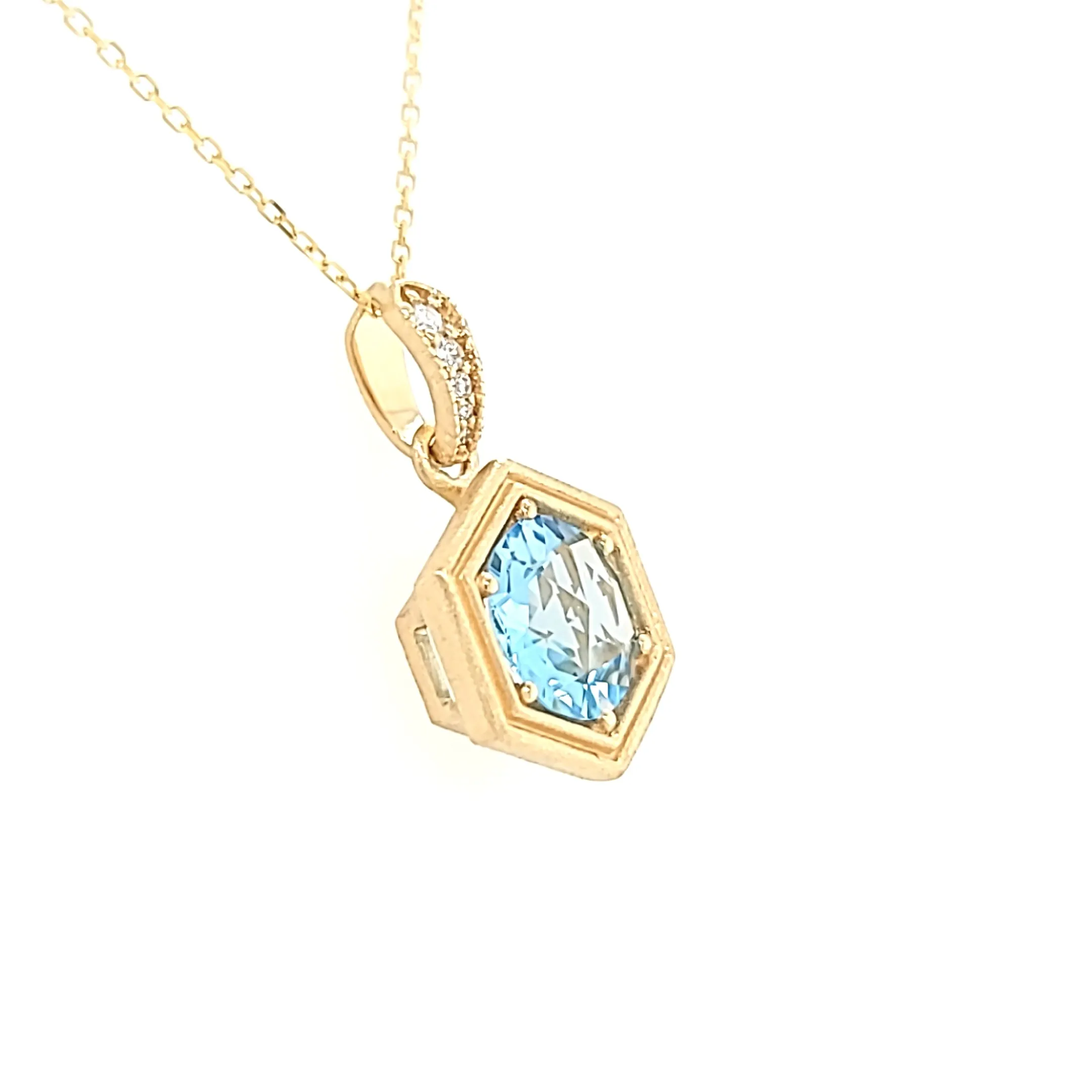 14k Yellow Gold Matte Blue Topaz Hexagon Necklace (I7633)