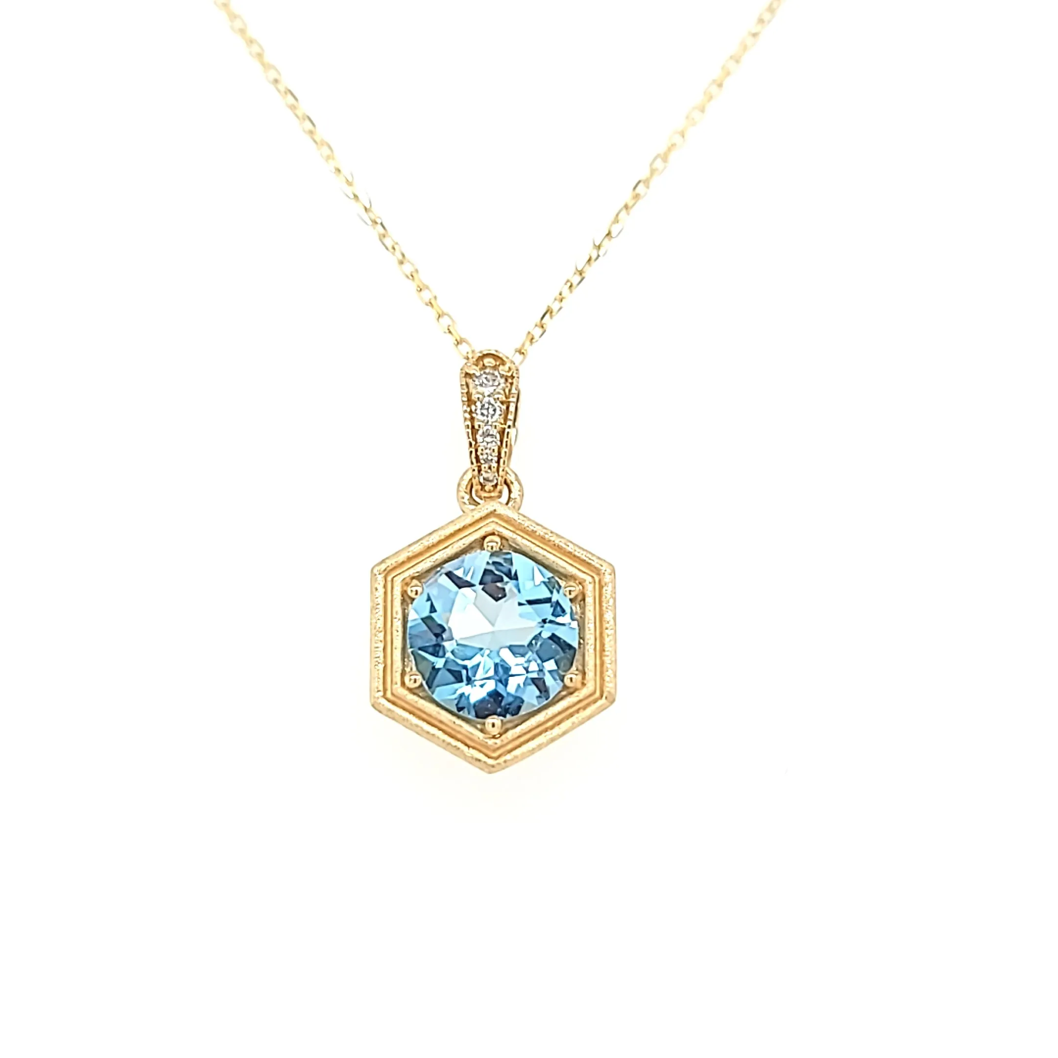 14k Yellow Gold Matte Blue Topaz Hexagon Necklace (I7633)