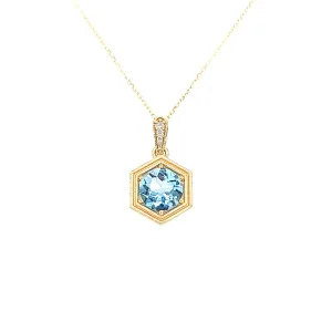 14k Yellow Gold Matte Blue Topaz Hexagon Necklace (I7633)