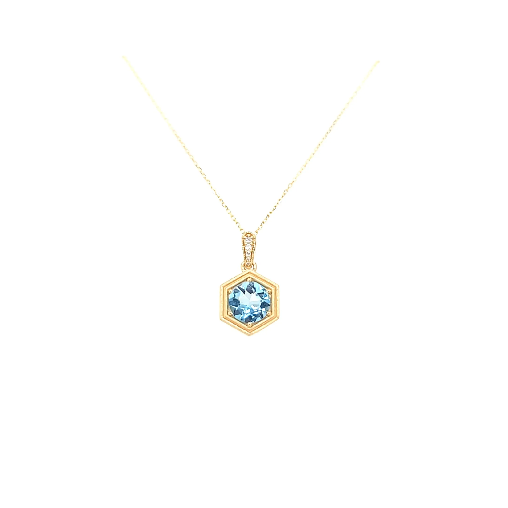 14k Yellow Gold Matte Blue Topaz Hexagon Necklace (I7633)