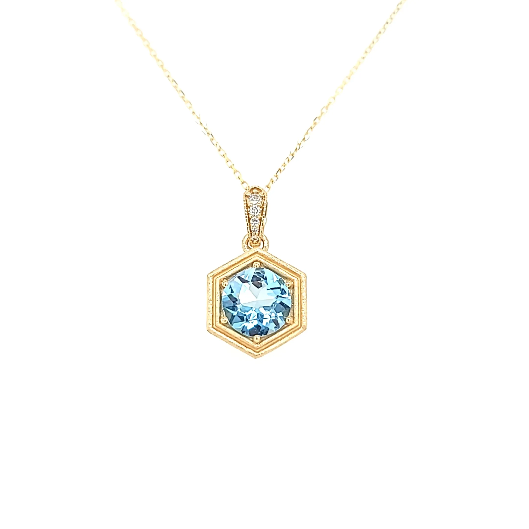 14k Yellow Gold Matte Blue Topaz Hexagon Necklace (I7633)