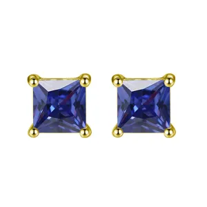 14k Yellow Gold Plated 1/2 Carat Princess Cut Created Blue Sapphire Stud Earrings