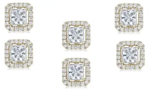 14k Yellow Gold Plated 6mm 1/2Ct Princess Cut White Sapphire Set of Three Halo Stud Earrings