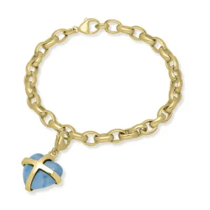 18ct Yellow Gold Aquamarine Medium Cross Heart Charm Bracelet
