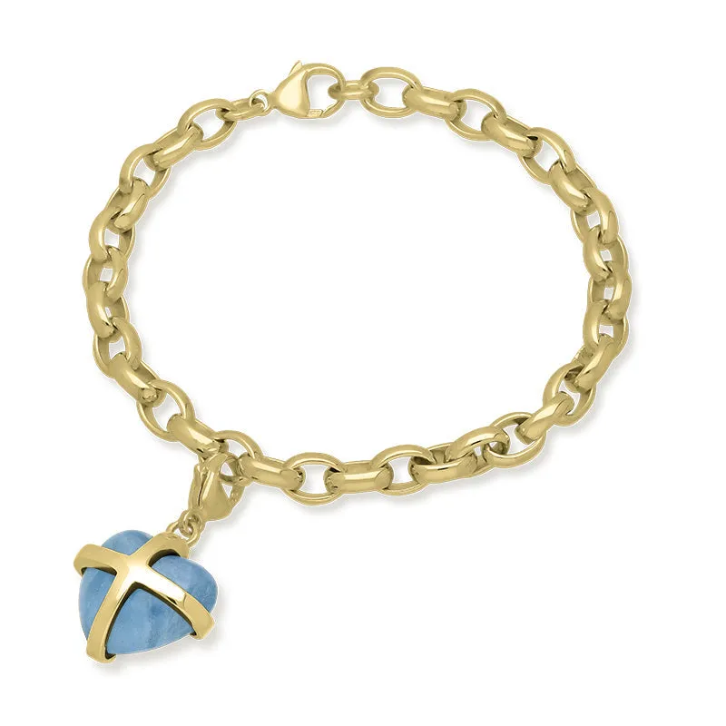 18ct Yellow Gold Aquamarine Medium Cross Heart Charm Bracelet
