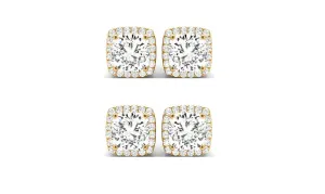 18k Yellow Gold 1Ct Cushion Cut White Sapphire Set Of Two Halo Stud Earrings Plated