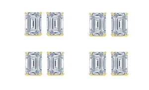 18k Yellow Gold 4Ct Emerald Cut White Sapphire Set Of Four Stud Earrings Plated