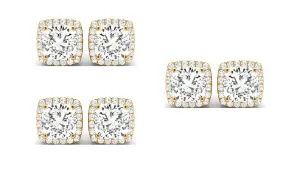 18k Yellow Gold 4mm 2Ct Cushion Cut White Sapphire Set Of Three Halo Stud Earrings Plated