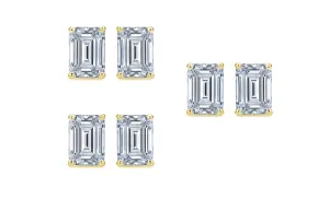 18k Yellow Gold 4mm 2Ct Emerald Cut White Sapphire Set Of Three Stud Earrings Plated