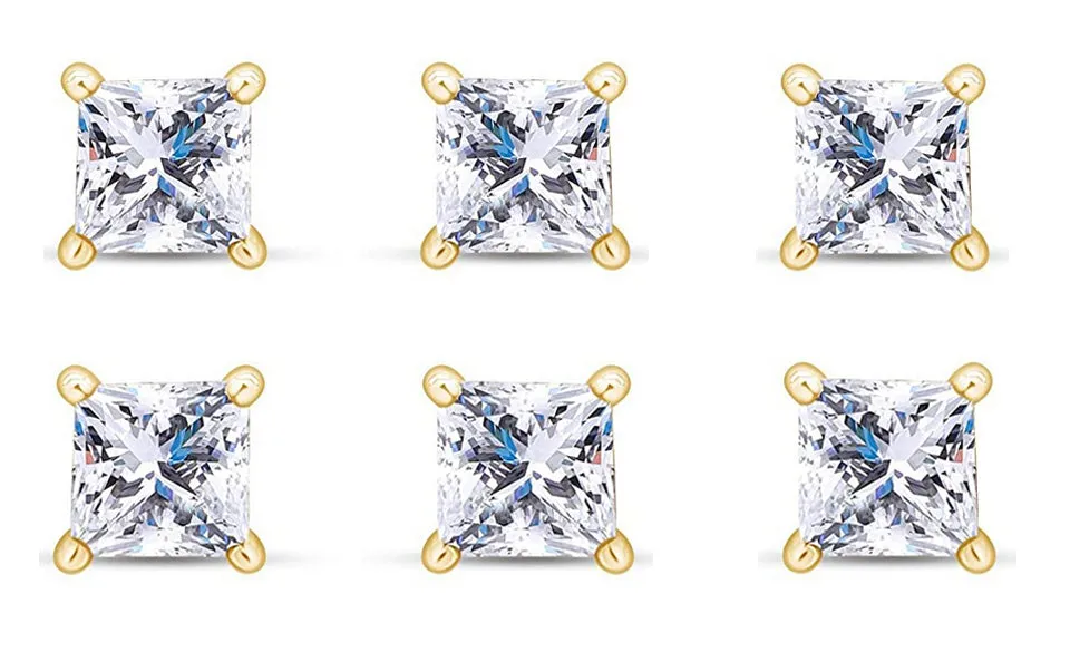 18k Yellow Gold Plated 3Ct Princess Cut White Sapphire Set Of Three Stud Earrings