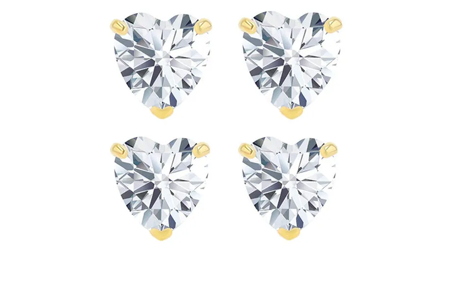 18k Yellow Gold Plated 4mm 1Ct Heart White Sapphire Set Of Two Stud Earrings
