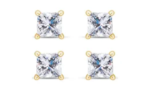 18k Yellow Gold Plated 4mm 3Ct Princess Cut White Sapphire Set Of Two Stud Earrings