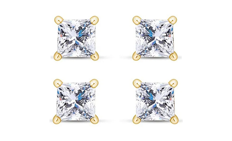 18k Yellow Gold Plated 4mm 3Ct Princess Cut White Sapphire Set Of Two Stud Earrings