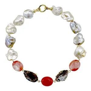 195-36-SHORT | SHORT STONE PEARL ROSE QUARTZ NECKLACE SHORT