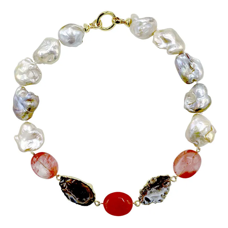 195-36-SHORT | SHORT STONE PEARL ROSE QUARTZ NECKLACE SHORT