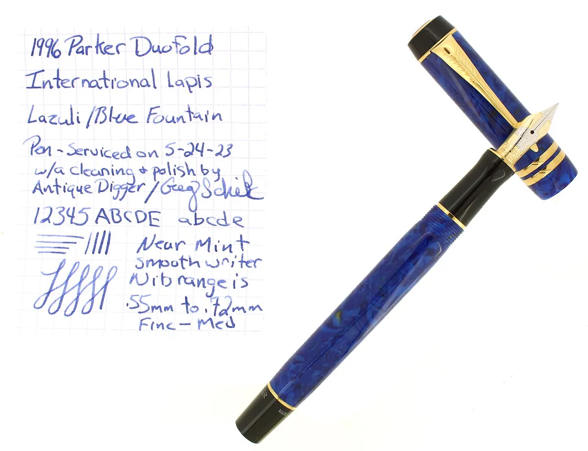 1996 PARKER DUOFOLD INTERNATIONAL LAPIS LAZULI BLUE FOUNTAIN PEN 18K FINE NIB MINT