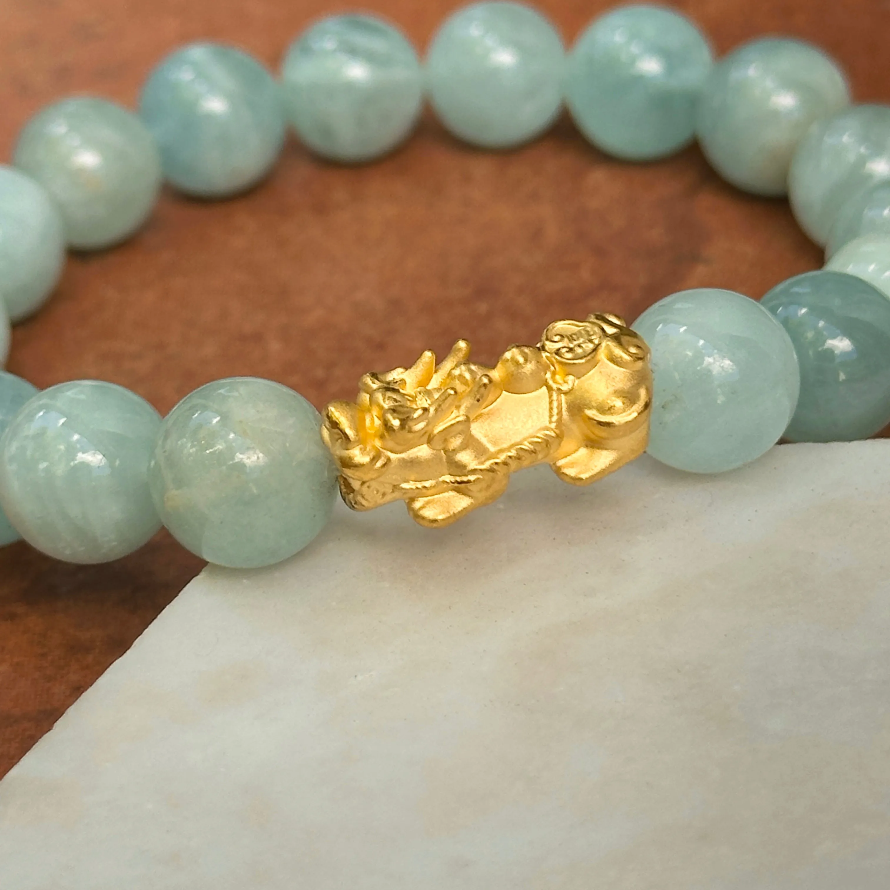 24KT Yellow Gold Dragon   Aquamarine Bead Bracelet