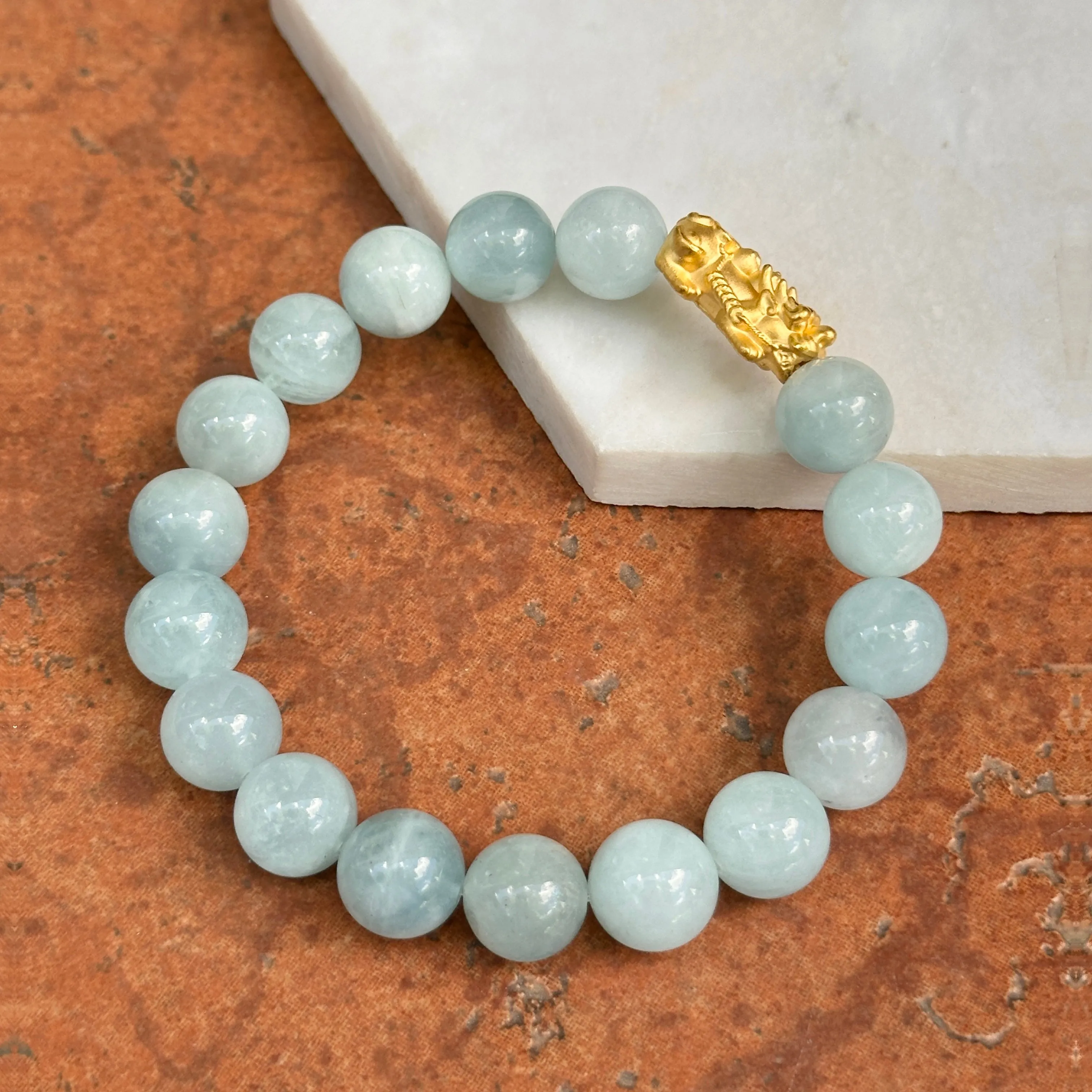 24KT Yellow Gold Dragon   Aquamarine Bead Bracelet