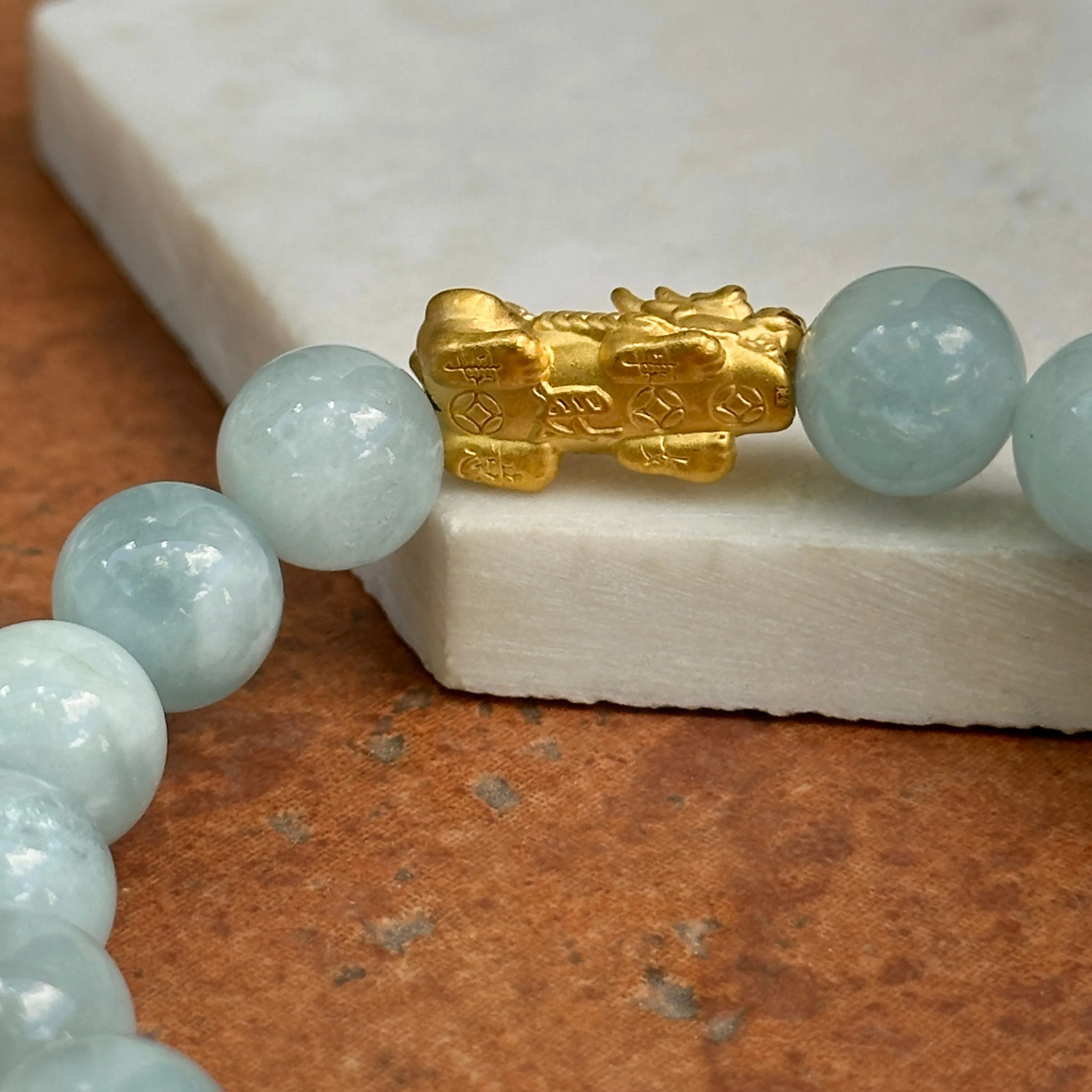 24KT Yellow Gold Dragon   Aquamarine Bead Bracelet