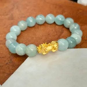 24KT Yellow Gold Dragon   Aquamarine Bead Bracelet