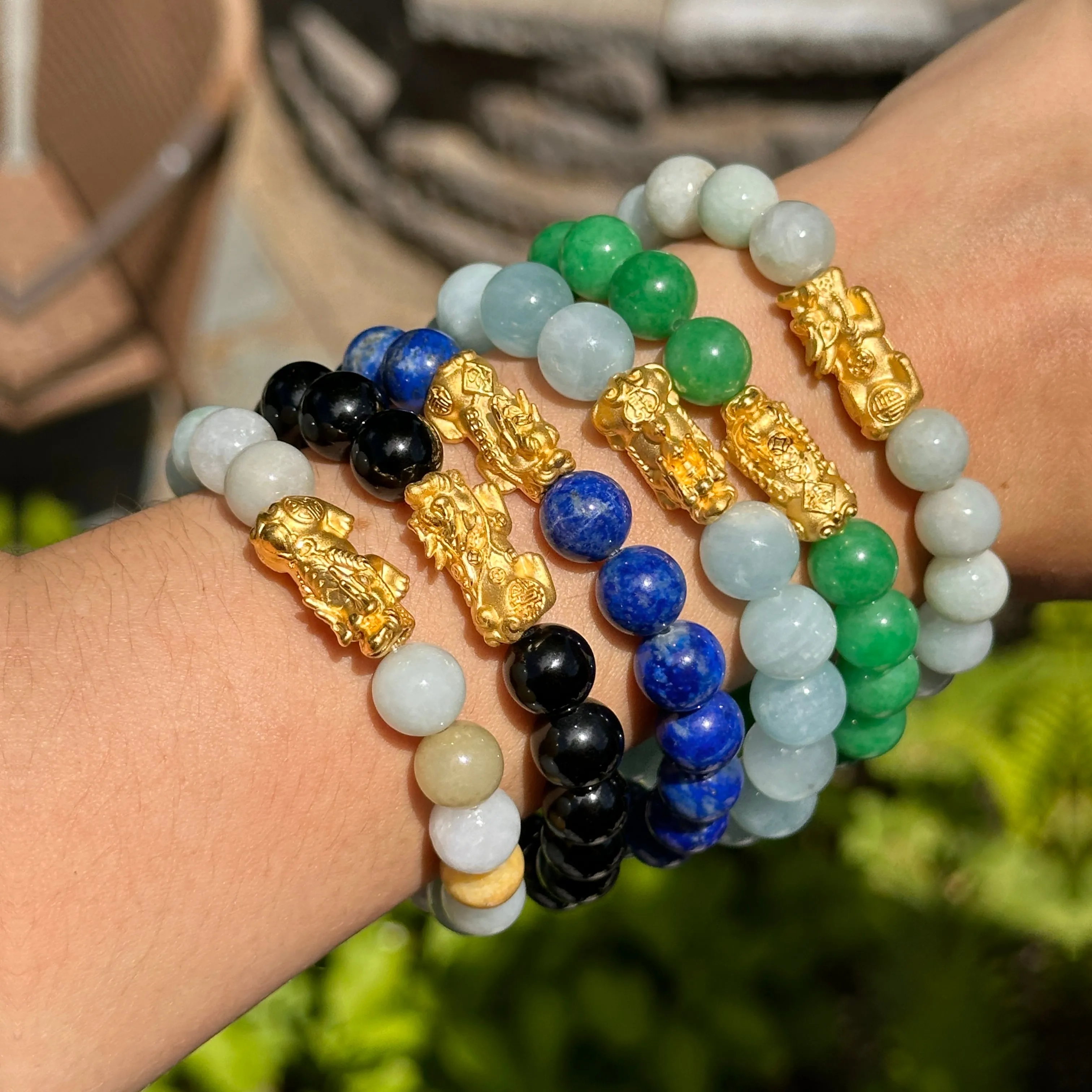 24KT Yellow Gold Dragon   Aquamarine Bead Bracelet