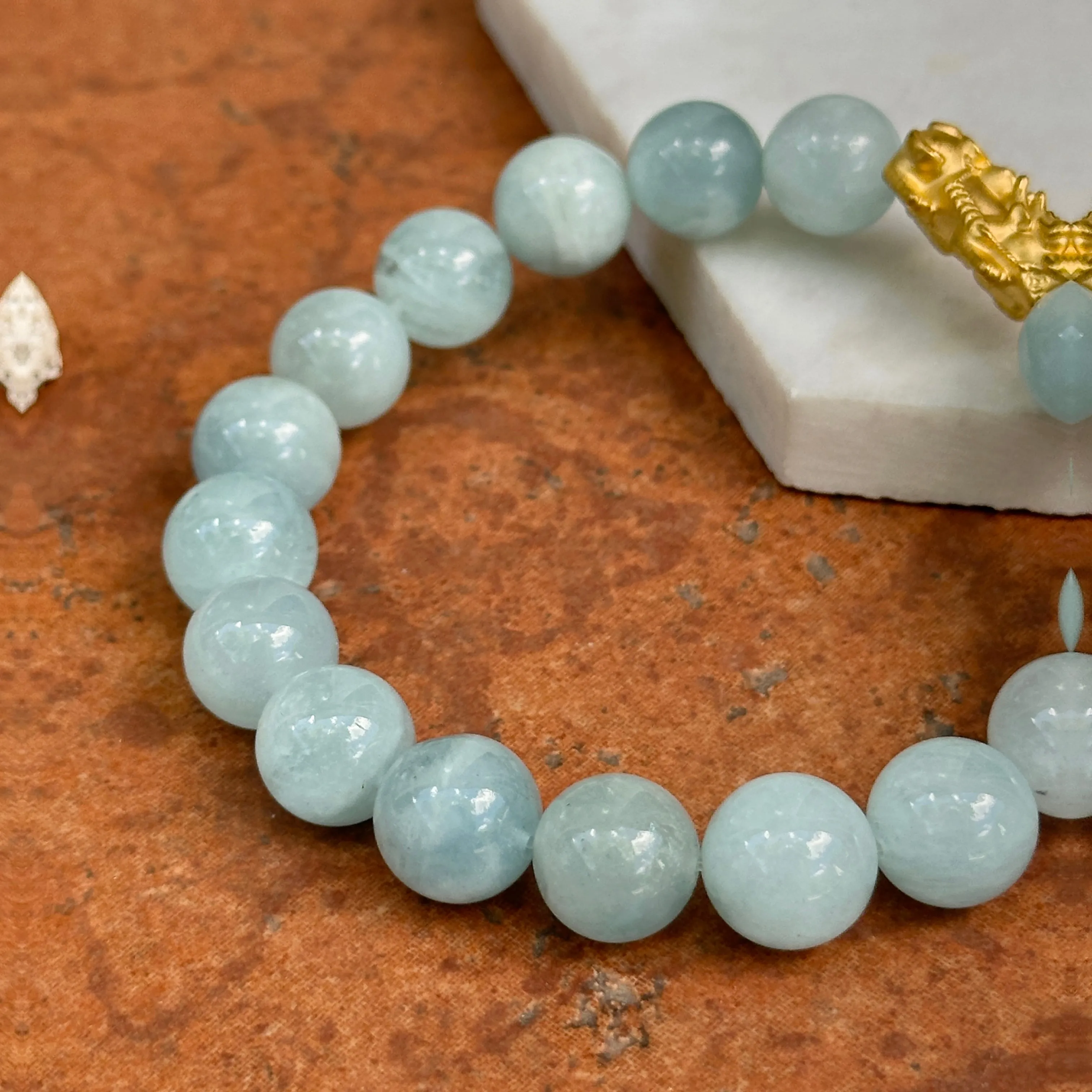 24KT Yellow Gold Dragon   Aquamarine Bead Bracelet