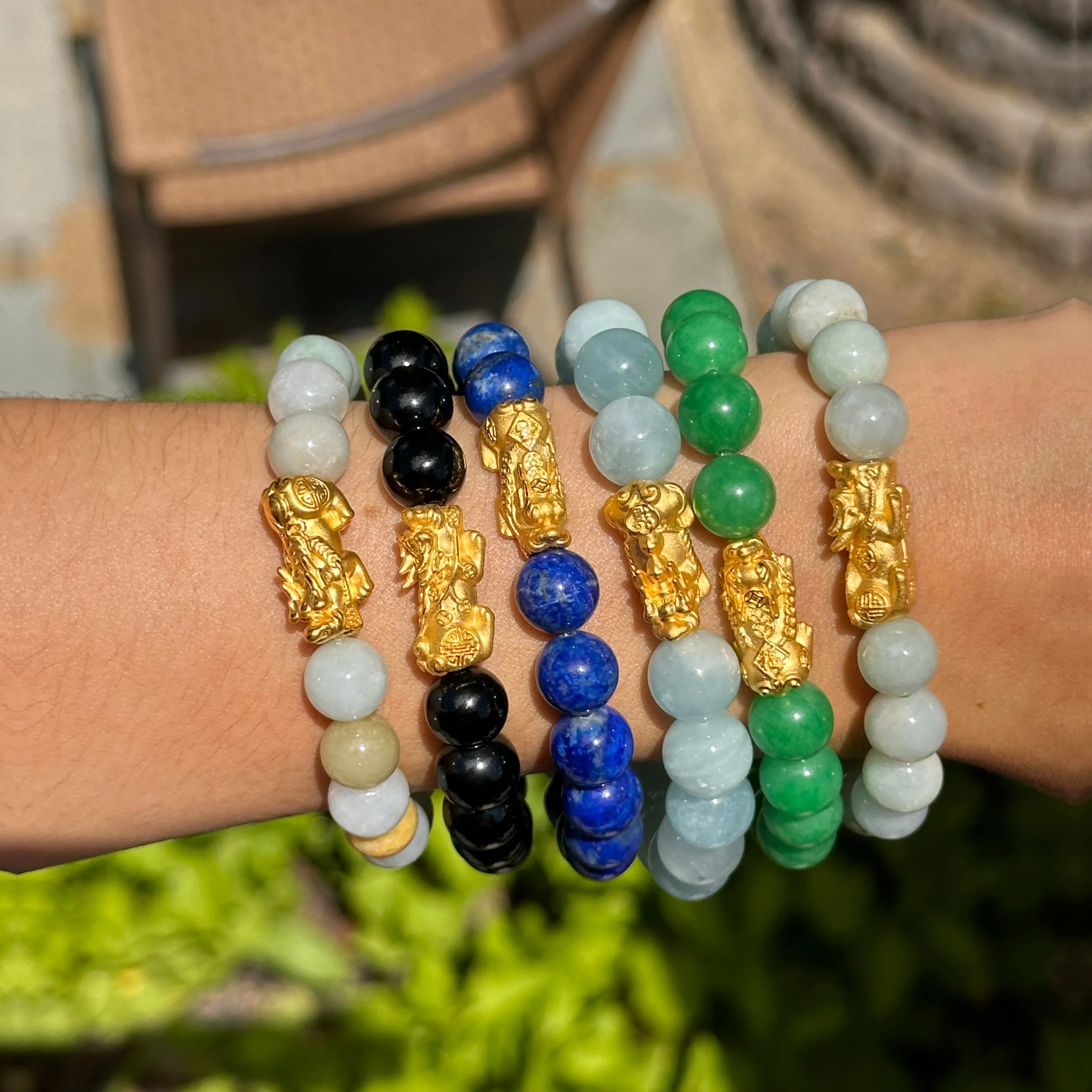 24KT Yellow Gold Dragon   Aquamarine Bead Bracelet