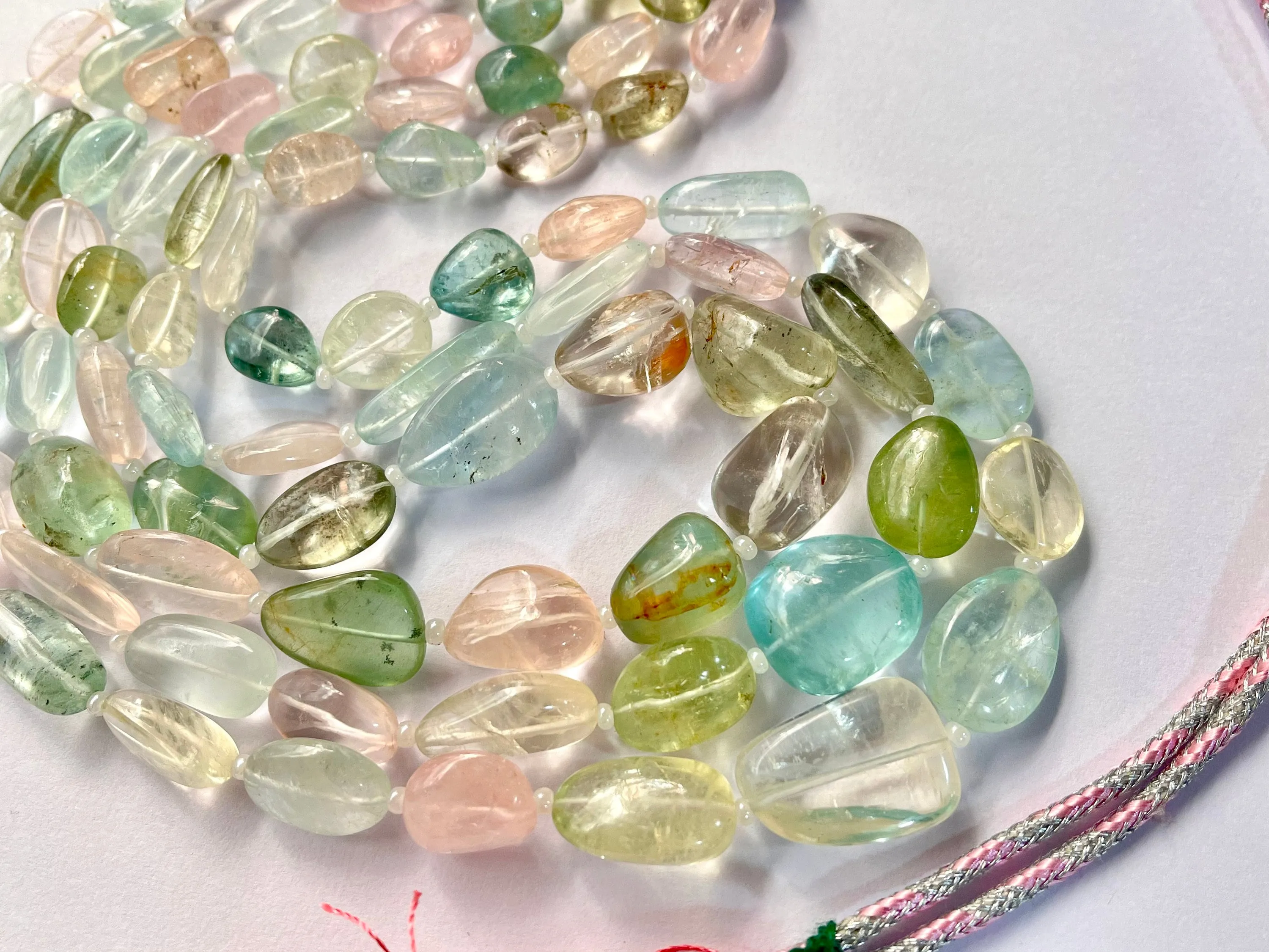 3 Layers Natural Multi Aquamarine Smooth Tumble Shape Beads Necklace