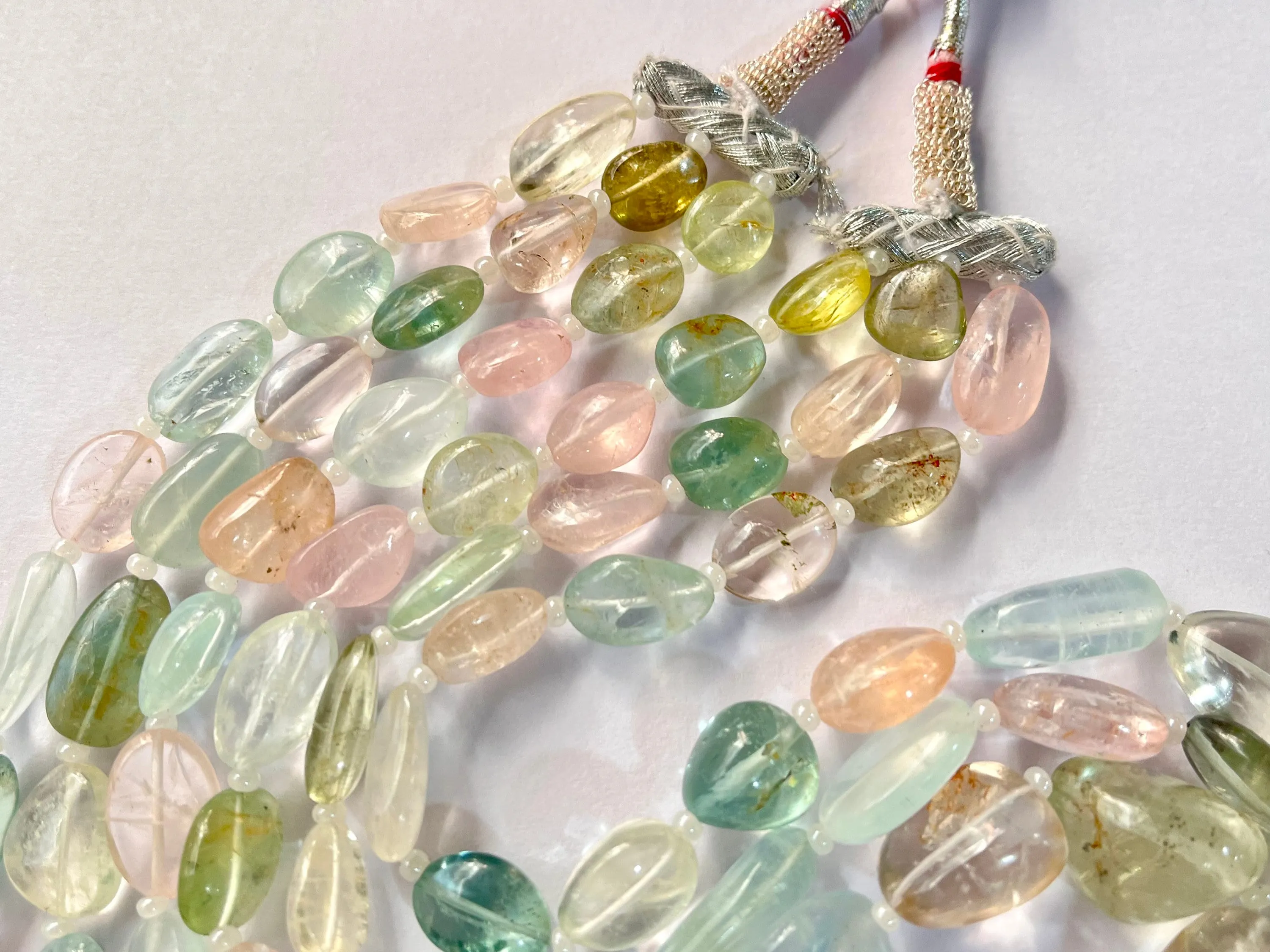 3 Layers Natural Multi Aquamarine Smooth Tumble Shape Beads Necklace