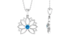 3 MM Solitaire Swiss Blue Topaz Lotus Flower Necklace For Women
