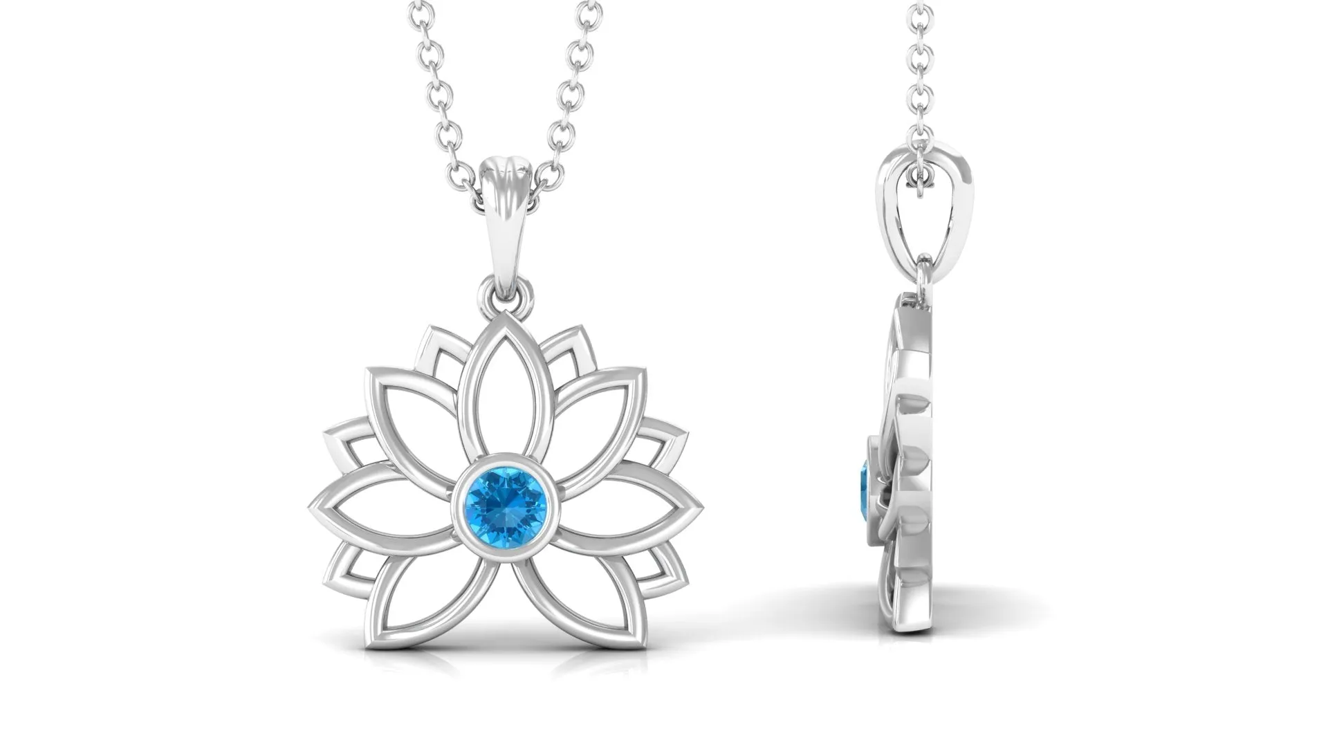 3 MM Solitaire Swiss Blue Topaz Lotus Flower Necklace For Women