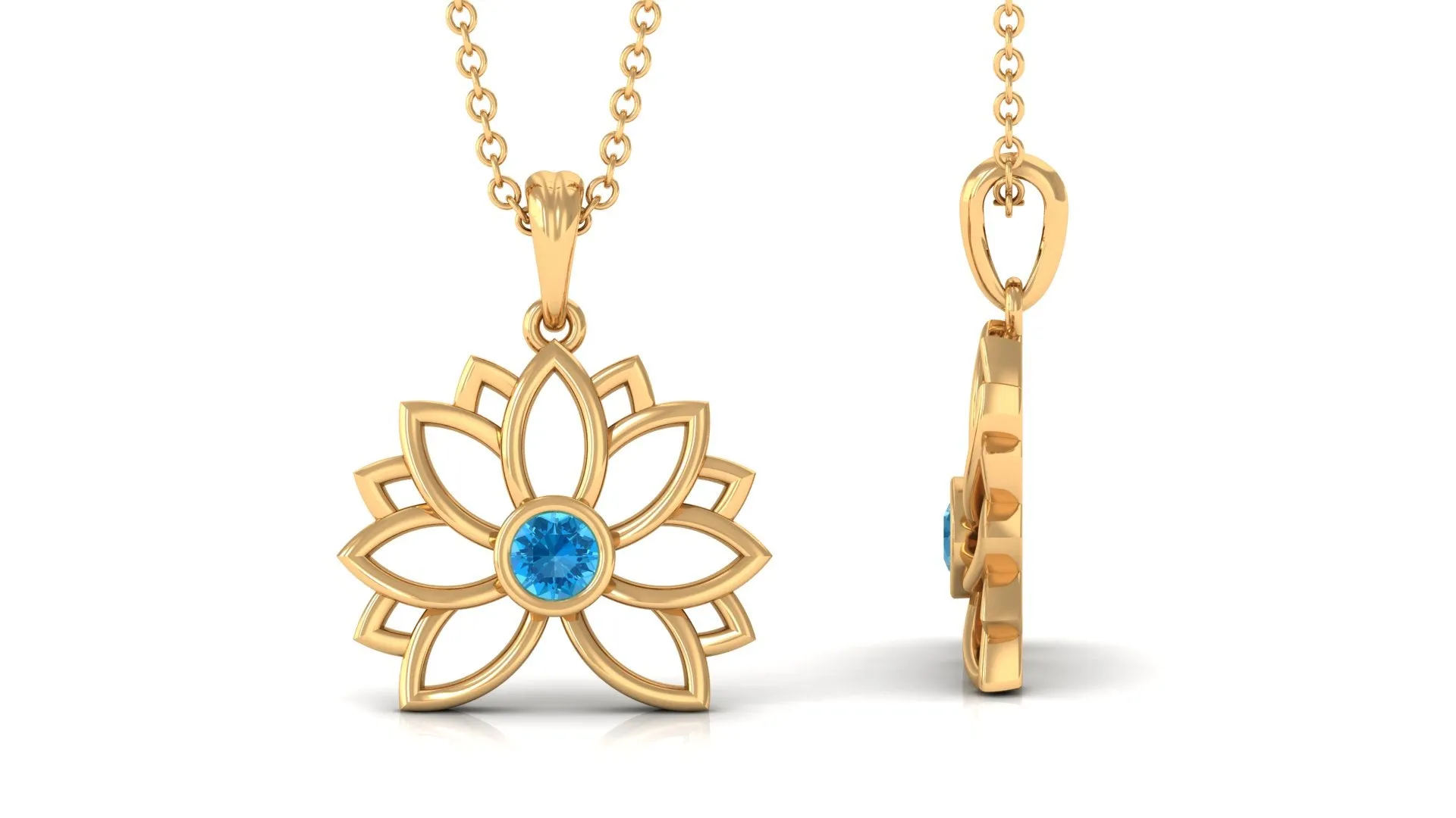 3 MM Solitaire Swiss Blue Topaz Lotus Flower Necklace For Women